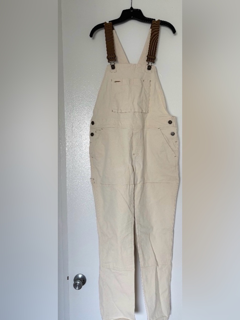 REI CO OP women’s size 8 utility overalls, cotton blend, double knee, cream colo